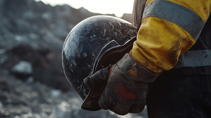 Lithium miner securing helmet strap before starting shift at quarry. Featuring readiness and safety