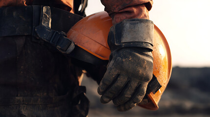 Lithium miner securing helmet strap before starting shift at quarry. Featuring readiness and safety