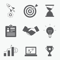 Black and white startup business icons including business icon