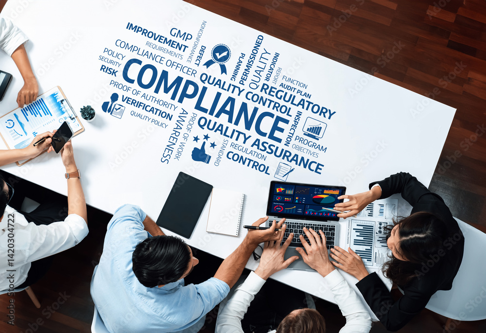 Poster a dynamic business meeting focused on compliance and quality assurance, showcasing teamwork and data