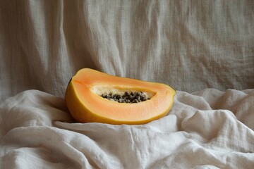 A Fresh Papaya Resting on Soft Cotton Cloth, Styled with Simplicity, Against a Pale Muted Beige Background, Emphasizing Natural Beauty and Minimalist Design