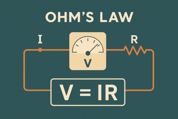 Flat illustration explaining Ohm’s Law with circuits and formulas.