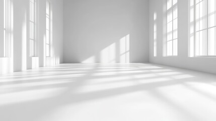 Empty, bright, modern space with large windows. Sunlight casts shadows on the floor