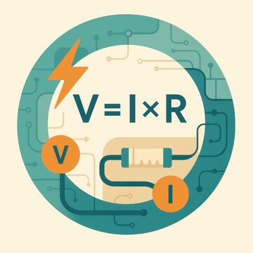 Flat illustration explaining Ohm&rsquo;s Law with circuits and formulas.