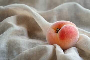 A Fresh Peach with Soft Fuzzy Texture, Resting on Neutral-Toned Fabric with Gentle Folds, Creating a Calm and Simple Aesthetic