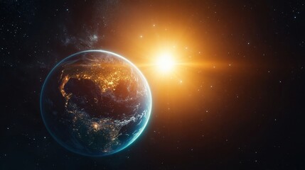 Naklejka premium Beautiful view of Earth in space with the sun rising. A stunning depiction of our planet surrounded by stars and glowing light.