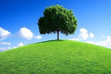 Fototapeta premium Majestic Tree on Lush Green Hill, Sunny Sky