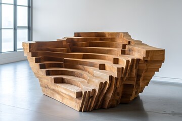 A Podium Made Entirely of Stacked and Interlocking Wooden Planks, Forming a Dynamic, Angular Shape That Combines Structure with Artistic Complexity for Modern Displays