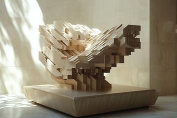 A Podium Made Entirely of Stacked and Interlocking Wooden Planks, Forming a Dynamic, Angular Shape That Combines Structure with Artistic Complexity for Modern Displays