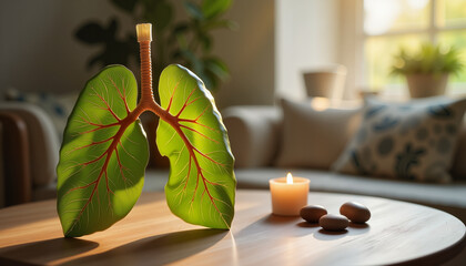 Imaginative leaves resembling lungs on wooden table, serene atmosphere