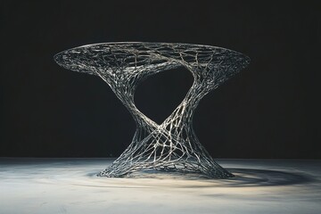 A Modern Podium Crafted from Twisted Metallic Wires Forming a Web-Like Structure, Supporting a Simple, Minimalistic Base for an Artistic Display