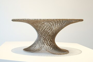 A Modern Podium Crafted from Twisted Metallic Wires Forming a Web-Like Structure, Supporting a Simple, Minimalistic Base for an Artistic Display