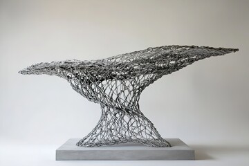 A Modern Podium Crafted from Twisted Metallic Wires Forming a Web-Like Structure, Supporting a Simple, Minimalistic Base for an Artistic Display