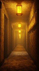 Creepy, fog-filled hallway in abandoned hotel