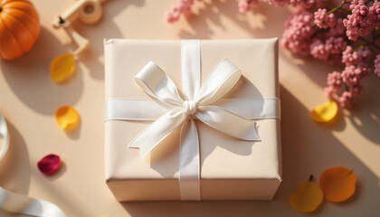 Pristine gift box with white ribbon and flower petals, festive surprise