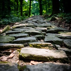 Obraz premium Stone Paved Path Through Lush Forest Under Sunlight Filtered by Canopy of Trees In Springtime.