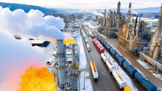 Aerial view of sprawling industrial complex with towering steel chimneys billowing gray smoke and steam, tangled pipelines weaving between refinery tanks and chemical storage units under hazy skies, h