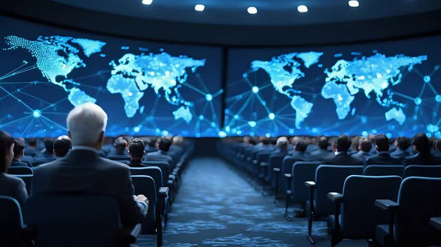Futuristic business conference room with a large digital world map displayed on multiple screens, with attendees facing the presentation

