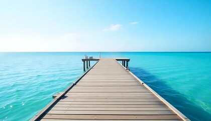 Obraz premium A wooden dock extending out over a calm, blue ocean under a clear sky, created wth generative ai