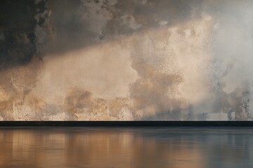 Obraz premium Empty room with textured wall and polished floor. Sunlight casts dramatic shadows on the aged wall