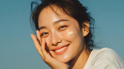 Woman smiling, sun cream on cheek