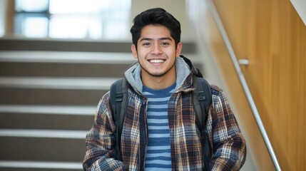 A young man stands casually against a wooden railing in a bright, modern environment with large windows.