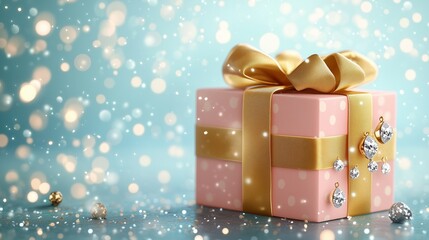 Obraz premium Anime Easter gift box wrapped in gold ribbon with diamond charms on the right, floating sparkles, space for text on the left