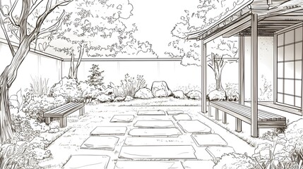 Serene Japanese Garden Outline with Stone Path and Wooden Bench