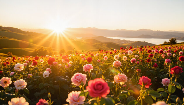 Vibrant roses blooming at sunrise in Bulgarian hills, nature's beauty