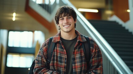 A young man stands casually against a wooden railing in a bright, modern environment with large windows.
