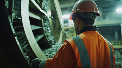 Mining technician adjusting the settings on an ore crushing machine. Featuring machine calibration and material processing