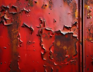 Peeling Red Metal Sheet with Rust Stains