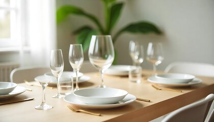 Fototapeta premium A minimalist dining table setting with white plates, glasses, and a potted plant in the background, Modern dining table setup, created wth generative ai