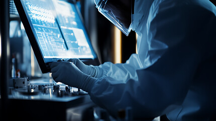 Mining technician configuring lithium processing reactor settings for efficiency. Featuring chemical engineering and precision