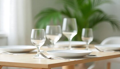 A minimalist dining table setting with white plates, glasses, and a potted plant in the background, Modern dining table setup, created wth generative ai