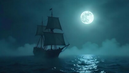 Fototapeta premium A medieval sailboat sailing on the sea, foggy nights, bright moonlight, eerie atmosphere, created wth generative ai