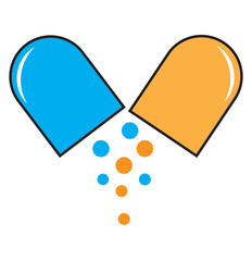 Pill line icon. Opened, active ingredient, powder, loose, tablet, medicine, prescription, pharmacy, Healthcare concept. White background. Vector line icon for Business and Advertising.