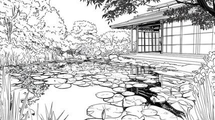 Serene Japanese Garden with Pond and Traditional Architecture