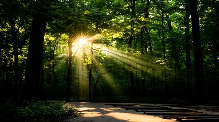 Naklejka premium Sunlight Streams Through Verdant Forest Canopy Creating an Ethereal Woodland Scene Outdoors.