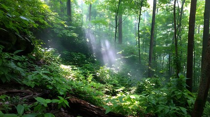 Fototapeta premium Sunlight Through Lush Green Forest Canopy Creating Ethereal Atmosphere in Nature Scene Environment.