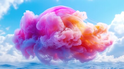 Fototapeta premium Vibrant, swirling cloud formation, suspended above a serene sea. Soft, pastel hues of pink and orange blend seamlessly, creating an ethereal, dreamlike scene against a bright, azure sky