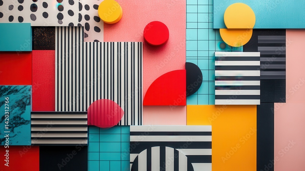 Poster Colorful abstract geometric shapes arranged in a visually striking display inside a modern art studio during daylight