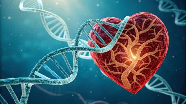 Heart disease genetics, Heart intertwined with DNA strands, symbolizing the connection between genetics and love.