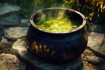 A Vintage Cauldron Bubbling with Green Mist, Resting on a Stone Ground, Evoking a Mystical, Witchcraft-Inspired Atmosphere with Enchanting, Otherworldly Vibes
