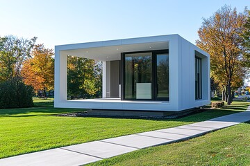 A White Cube-Style Home with Geometric Windows, Set Against a Clean Sky Background, Featuring a Concrete Pathway and Minimalist Design for a Modern, Sleek Aesthetic
