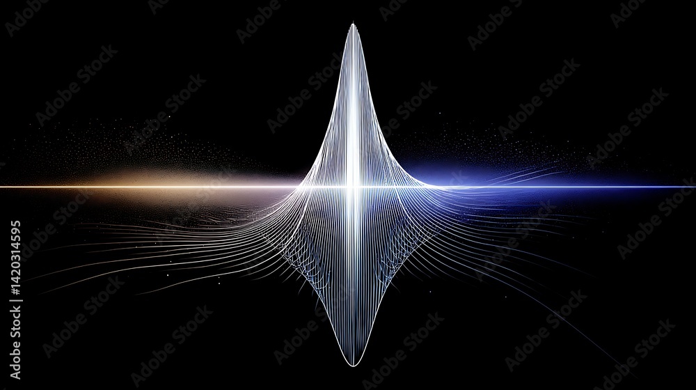Poster symmetric light beam divergence with particle effects and balanced color gradient on black backdrop.