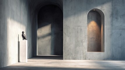 Minimal hallway with niche and single sculpture (mockup)  