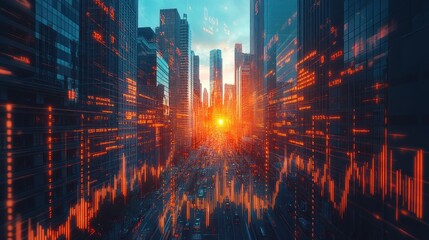 Fototapeta premium City street at sunset with digital data overlay