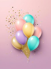 Colorful balloons with gold glitter and confetti on a pink background. Perfect for birthday, party, celebration, festive event, greeting card, or invitation design.