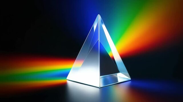 Transparent glass prism scattering vibrant rainbow light in dark studio scene
